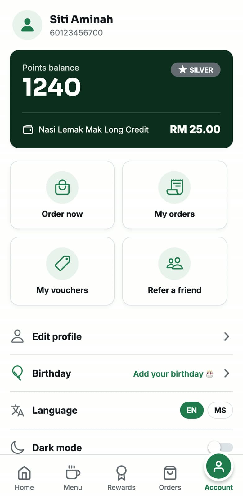Member account with points, credit and vouchers