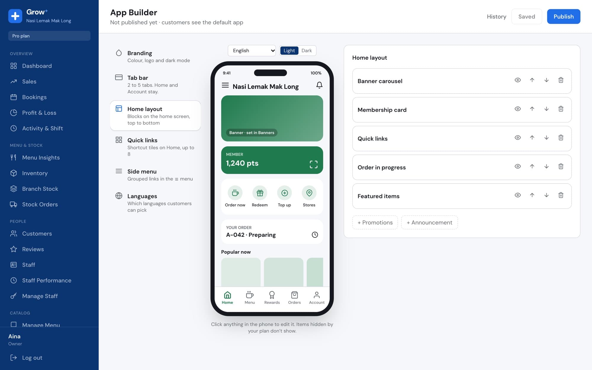 App Builder with a live phone preview of the shop's app