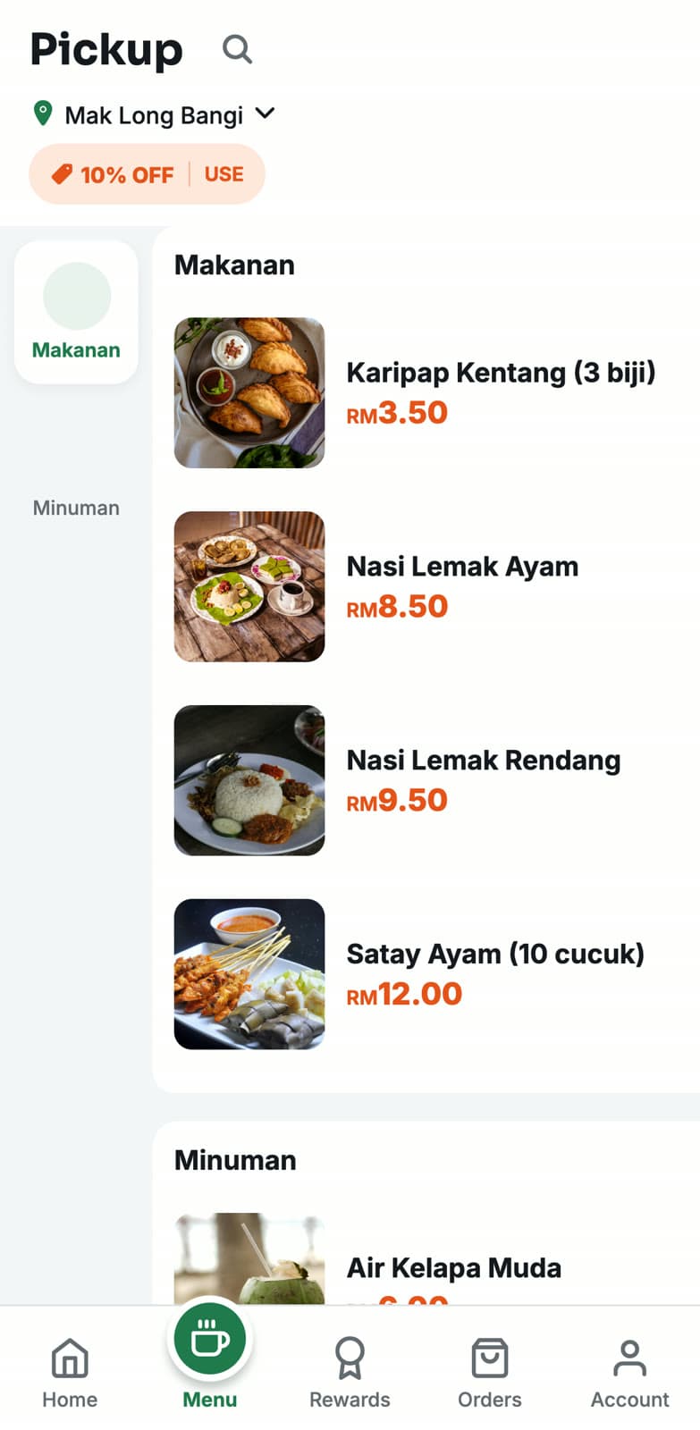 App menu for pickup at Mak Long Bangi with a 10% off coupon