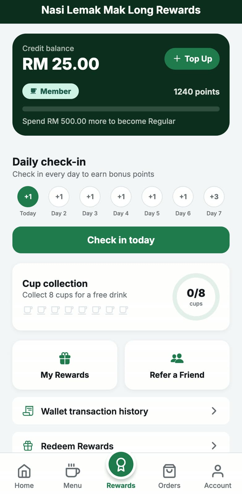 Member's rewards screen in the shop's own app