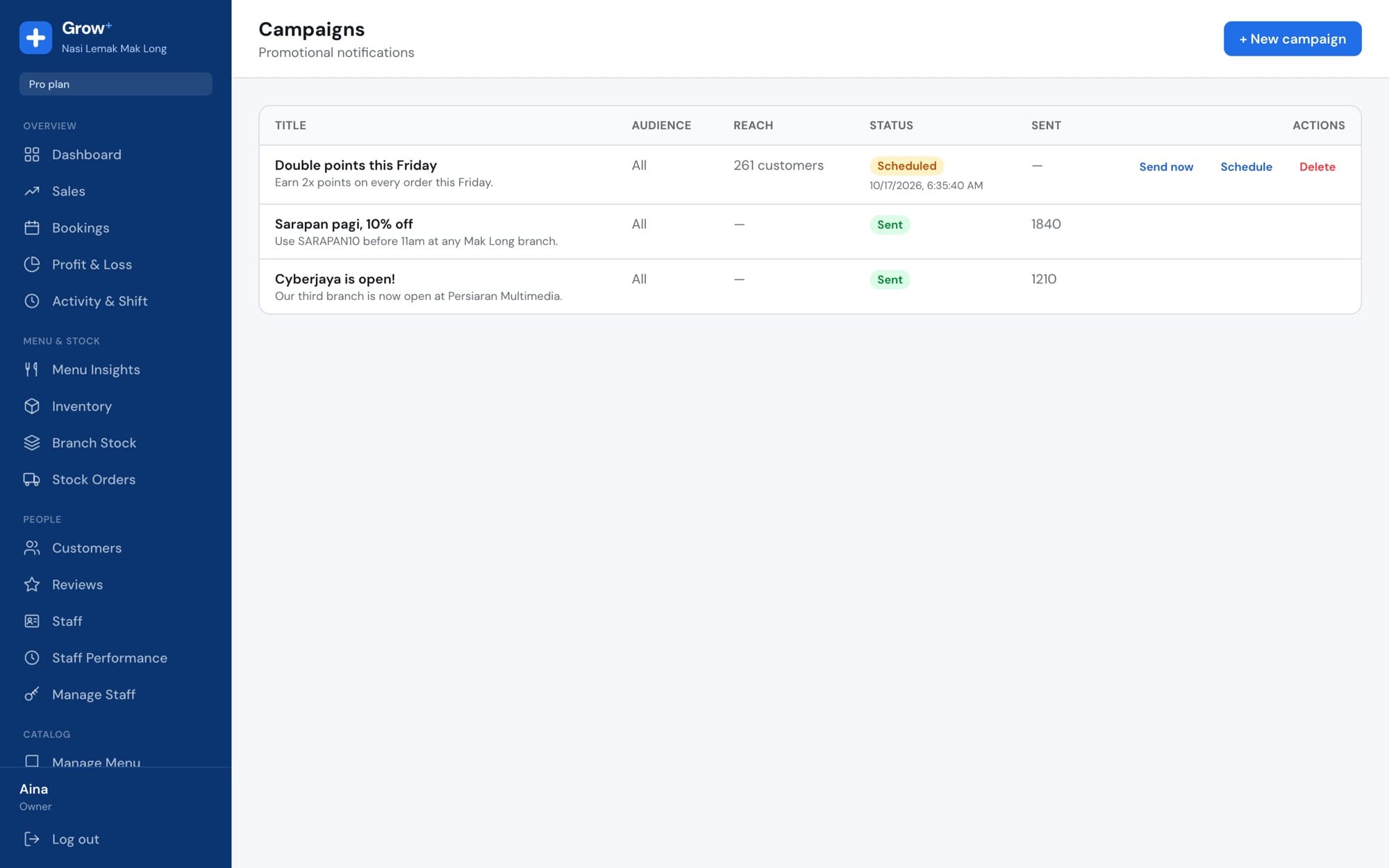 Campaigns list with sent and scheduled push messages