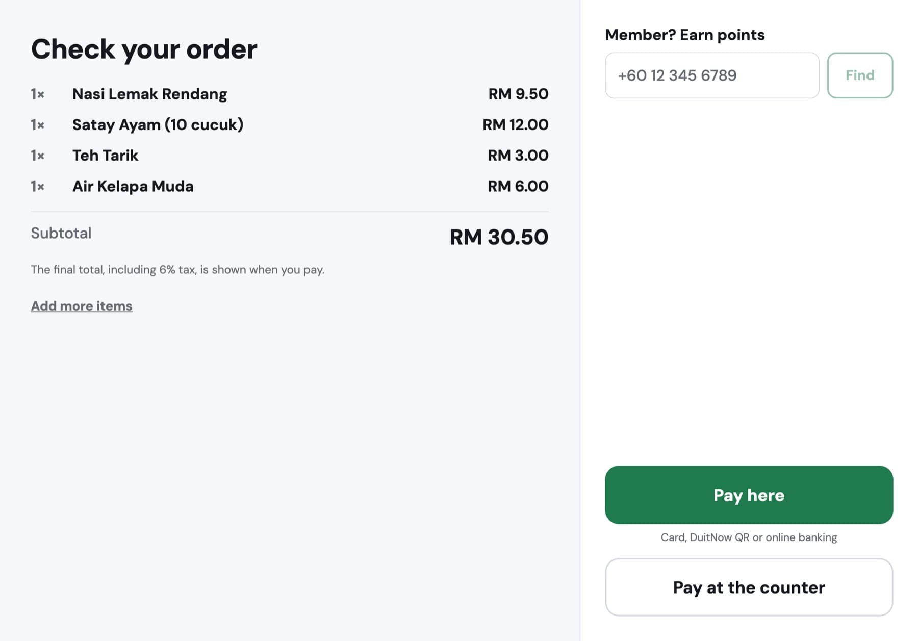 Kiosk checkout screen with member phone number and pay here or at the counter
