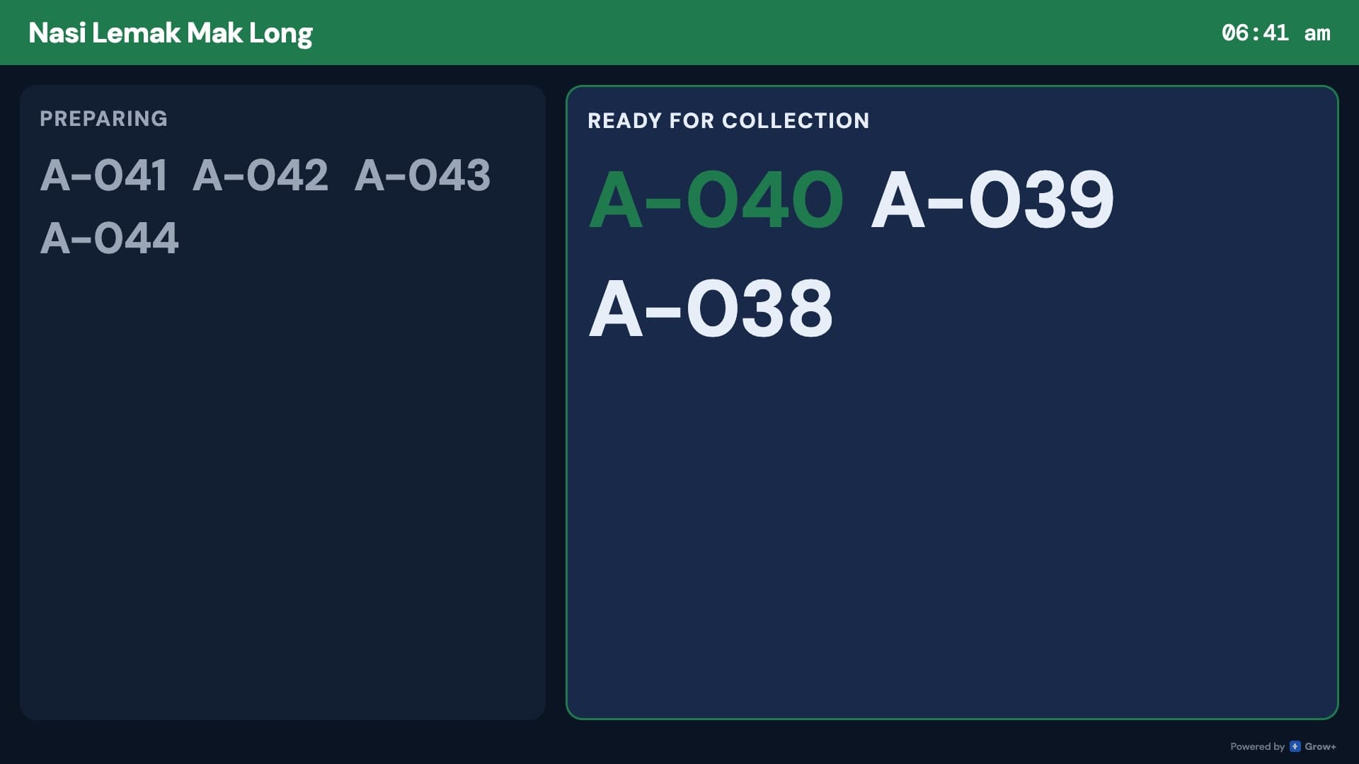 Order-ready board showing A-040, A-039 and A-038 ready for collection