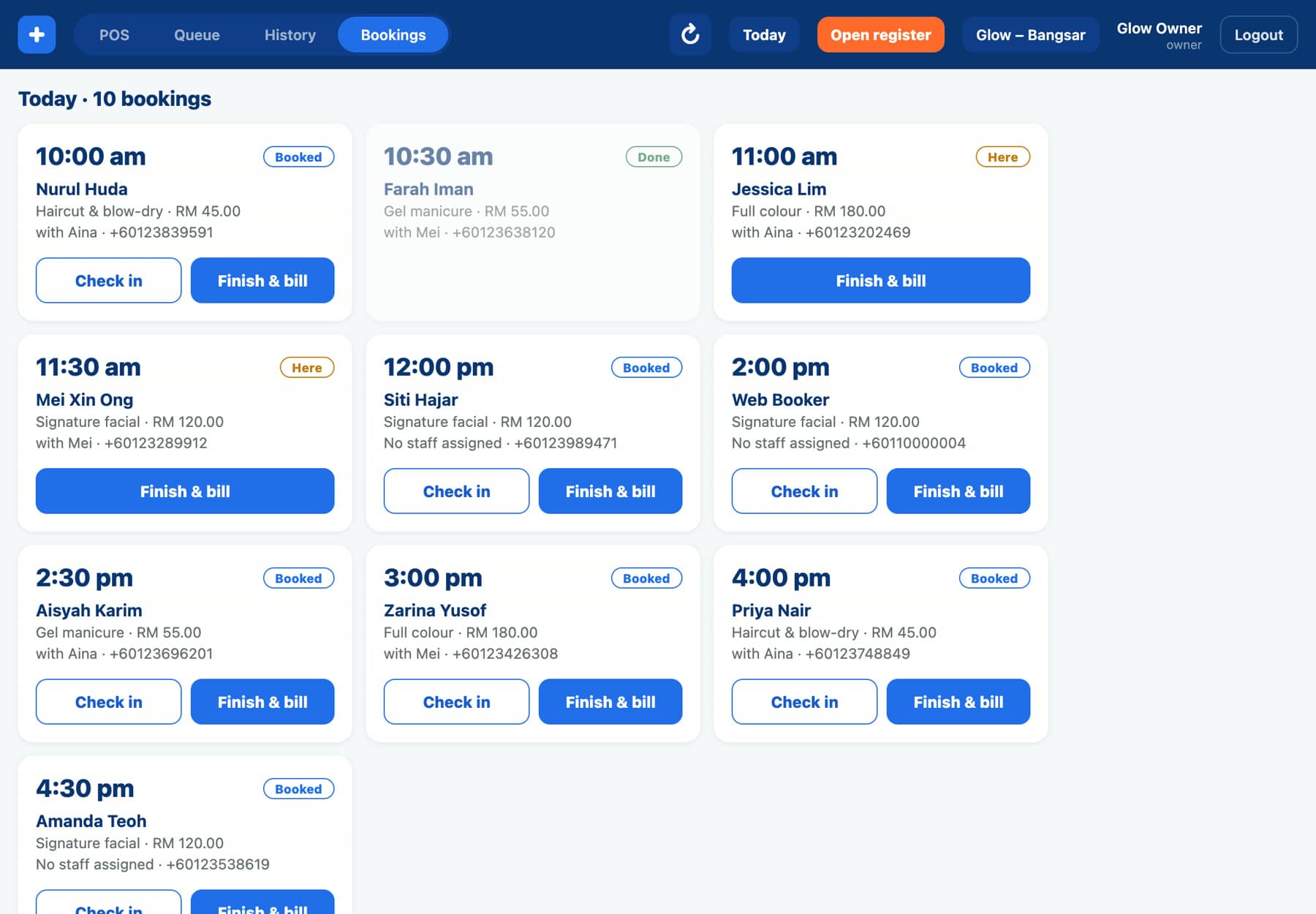 Grow+ POS Bookings tab with the day's appointments and Finish & bill buttons