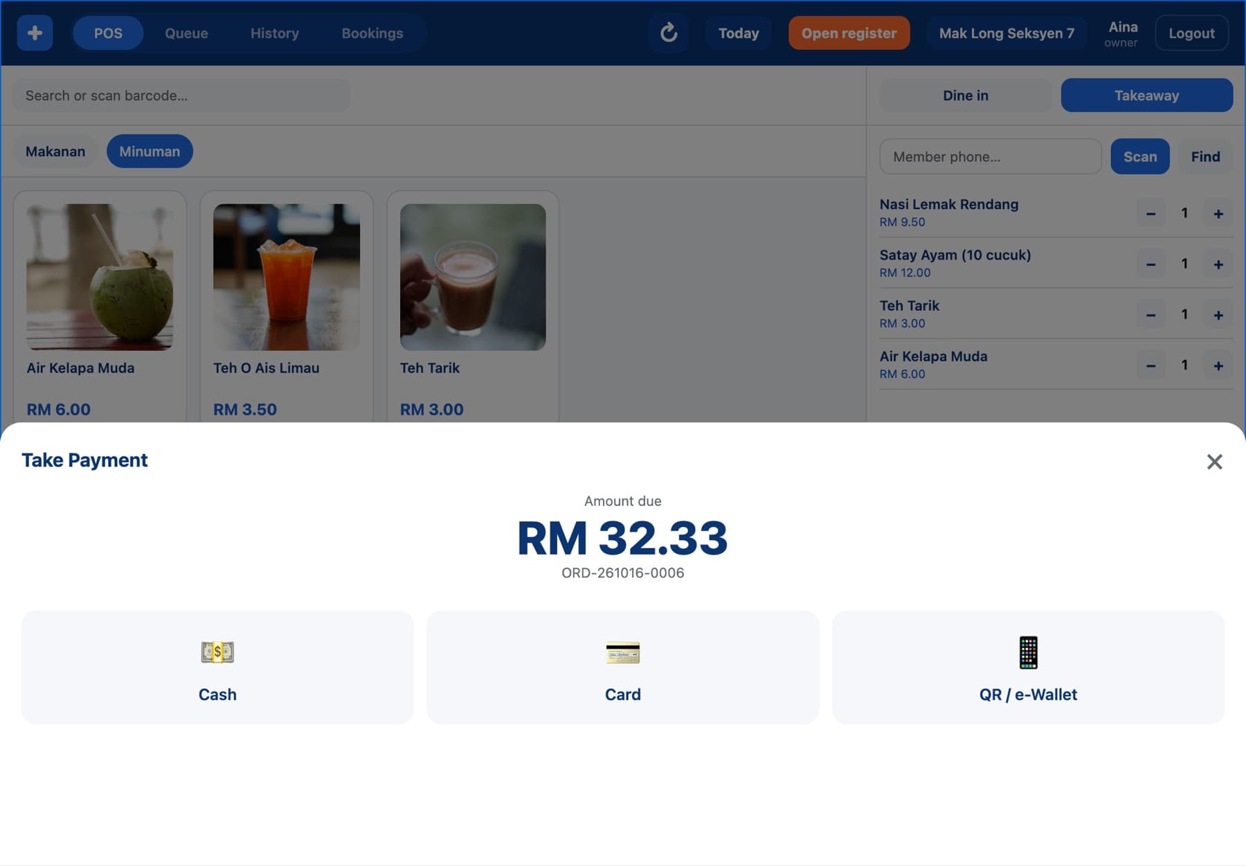 Grow+ POS payment screen: RM 32.33 by cash, card or QR and e-wallet