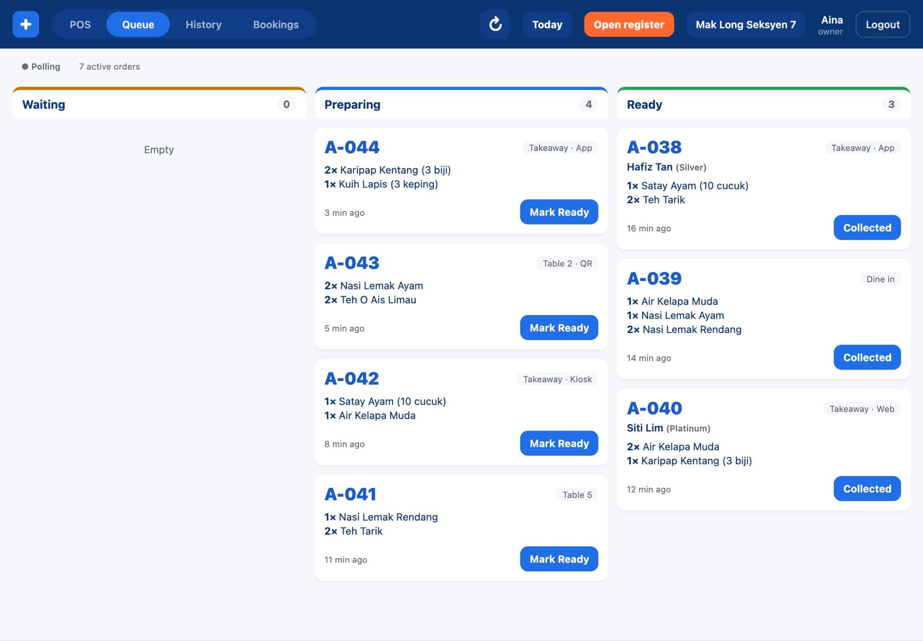 Grow+ POS queue with orders preparing and ready for collection