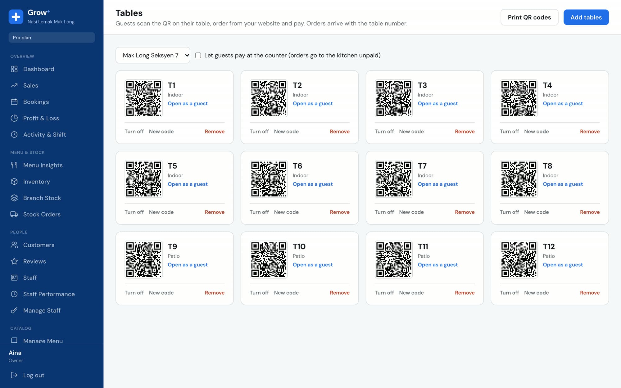 Tables & QR page with twelve tables in Indoor and Patio zones, each with its own QR code