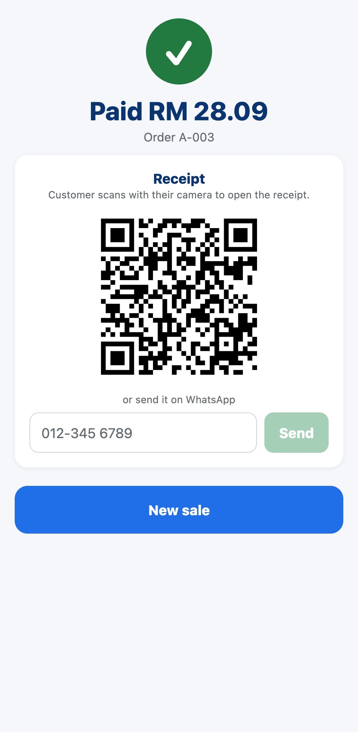 Mini POS paid screen with an e-receipt QR code and WhatsApp option