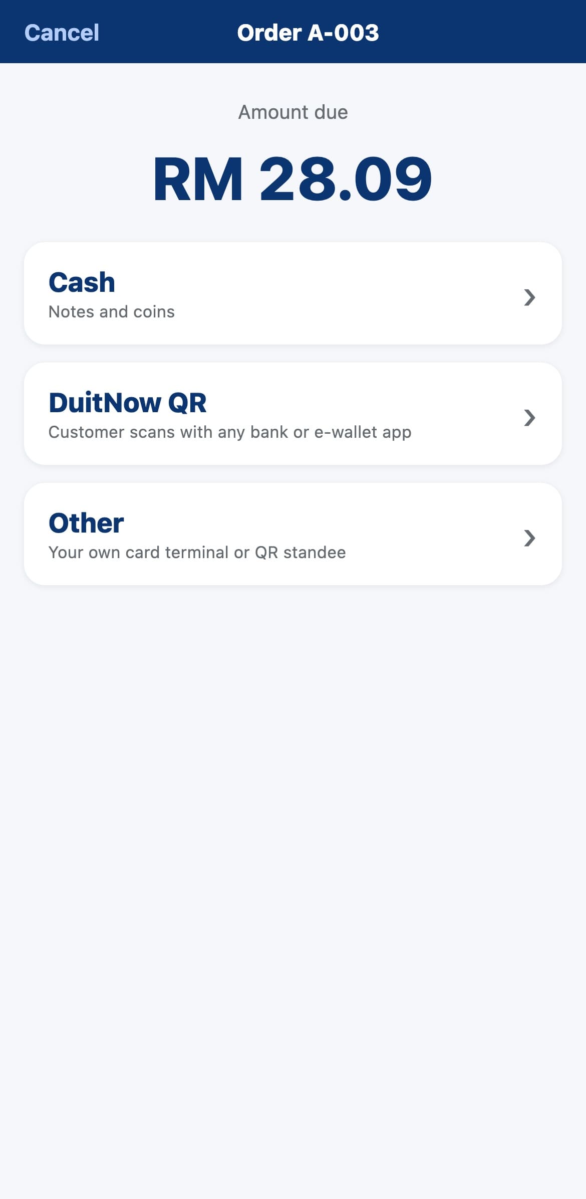 Mini POS payment choices: cash, DuitNow QR or other