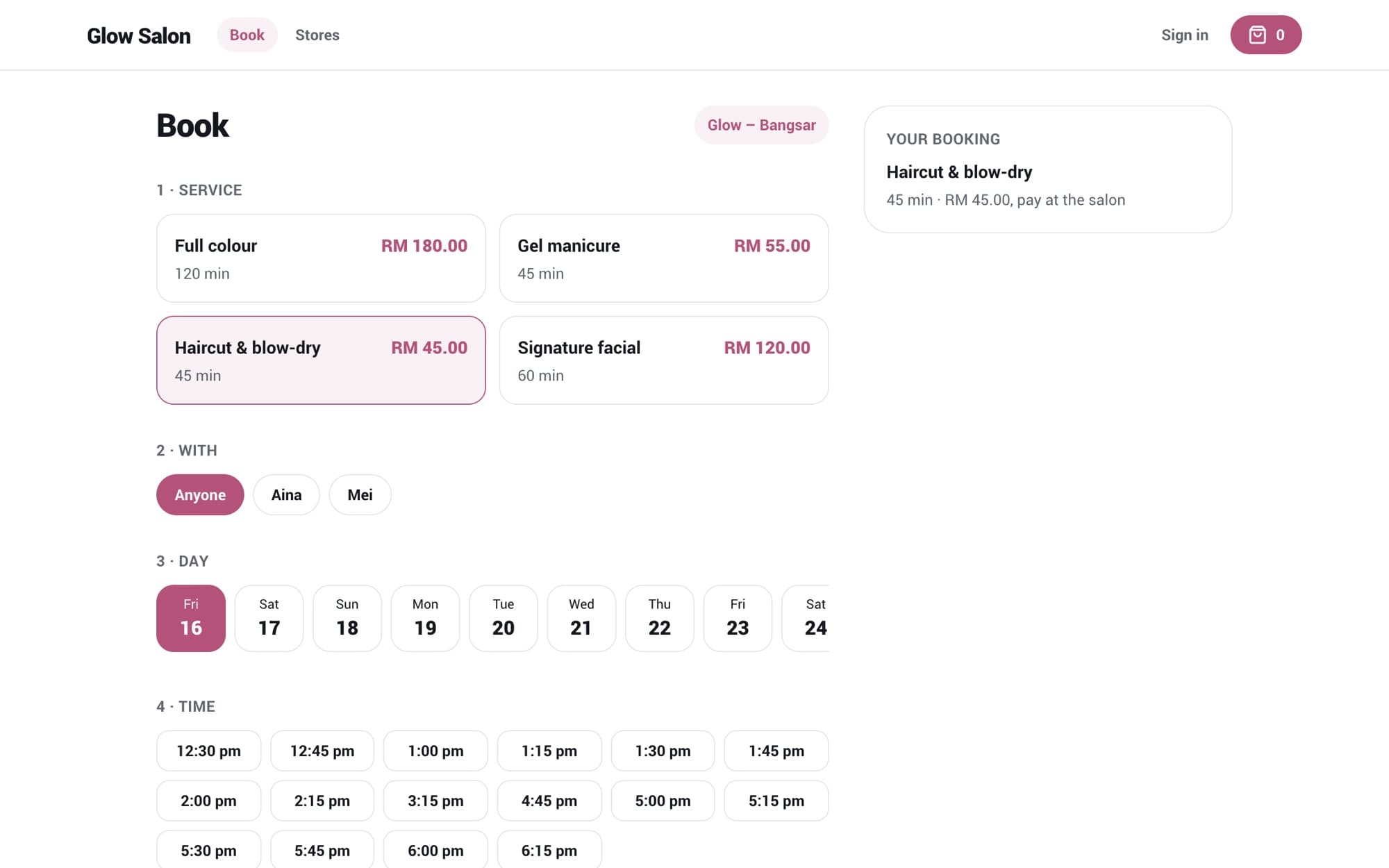 Glow Salon booking page with a haircut selected and time slots