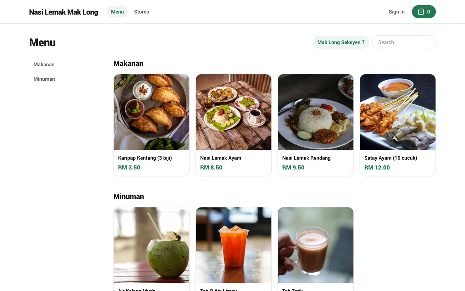 Menu page of the shop's website with photos